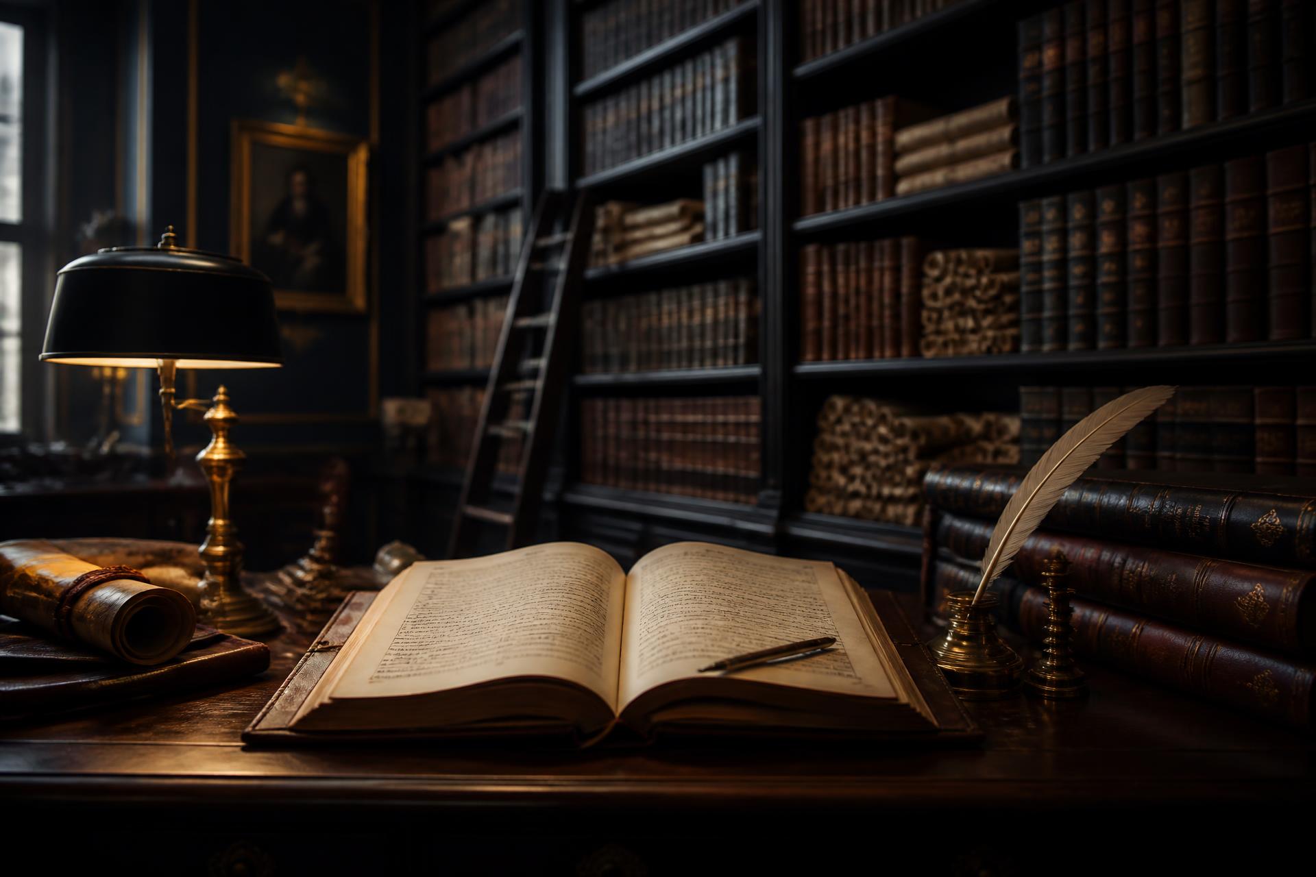 A leather-bound register open on a library desk